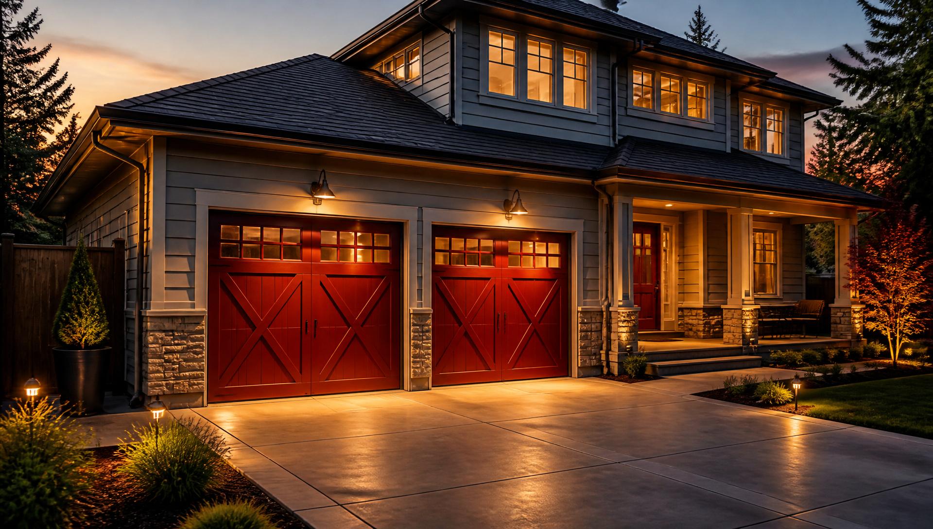 Beautiful residential home with new red carriage-style garage doors at dusk